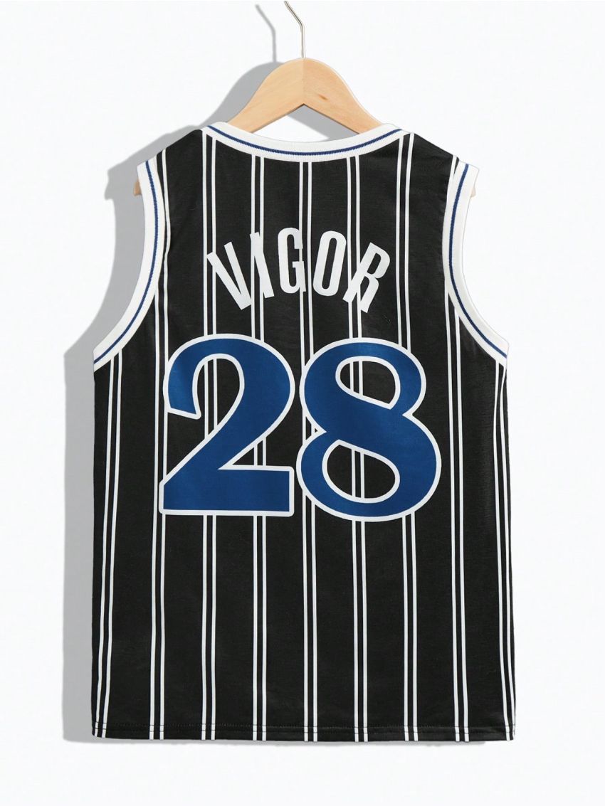 SHEIN Kids SPRTY Tween Boys' Loose Fit Sports Round Neck Knit Vest With Letter & Stripe Pattern