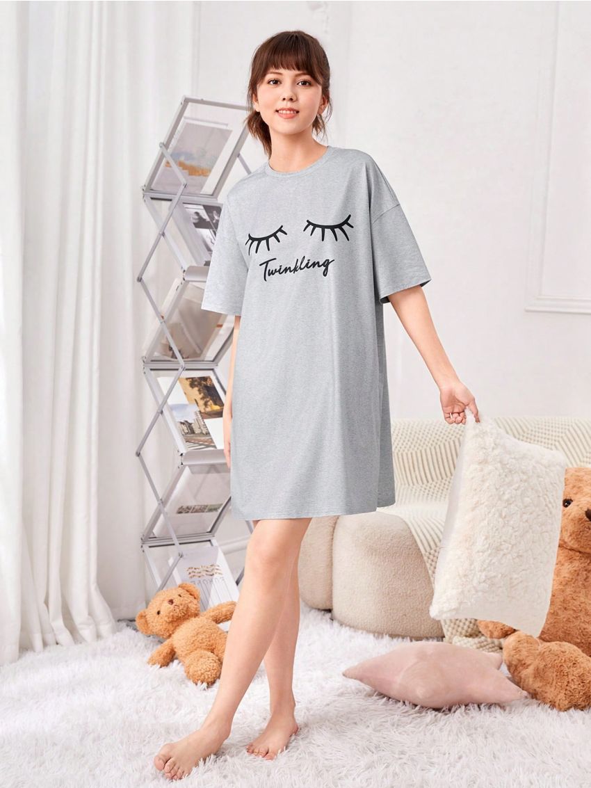 SHEIN Teenage Girls' Knitted Solid Color Eyelash & Letter Print Casual Homewear