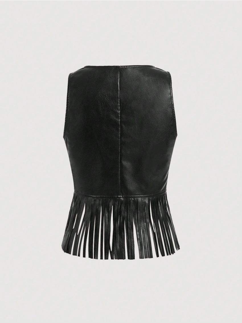 SHEIN MOD Fringe Hem PU Leather Vest Jacket Without Shirt