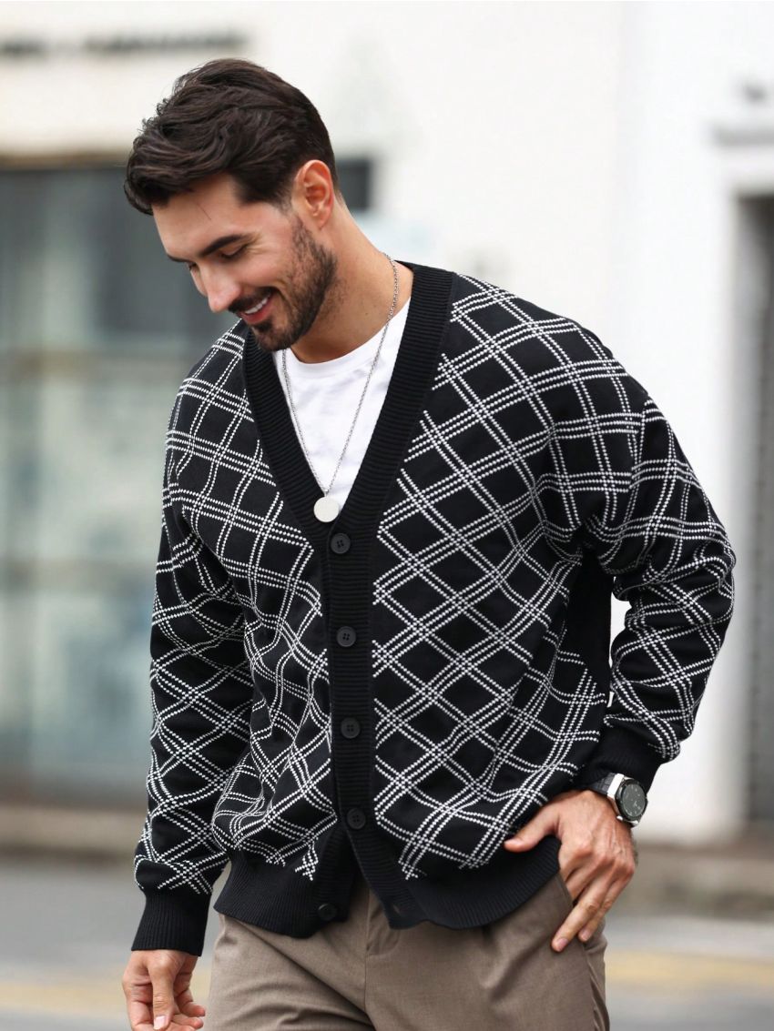 Men's Long Sleeve Button-front Plaid Cardigan Sweater