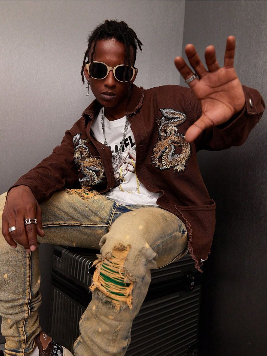 Men's Dragon Pattern Embroidered Fringed Denim Jacket