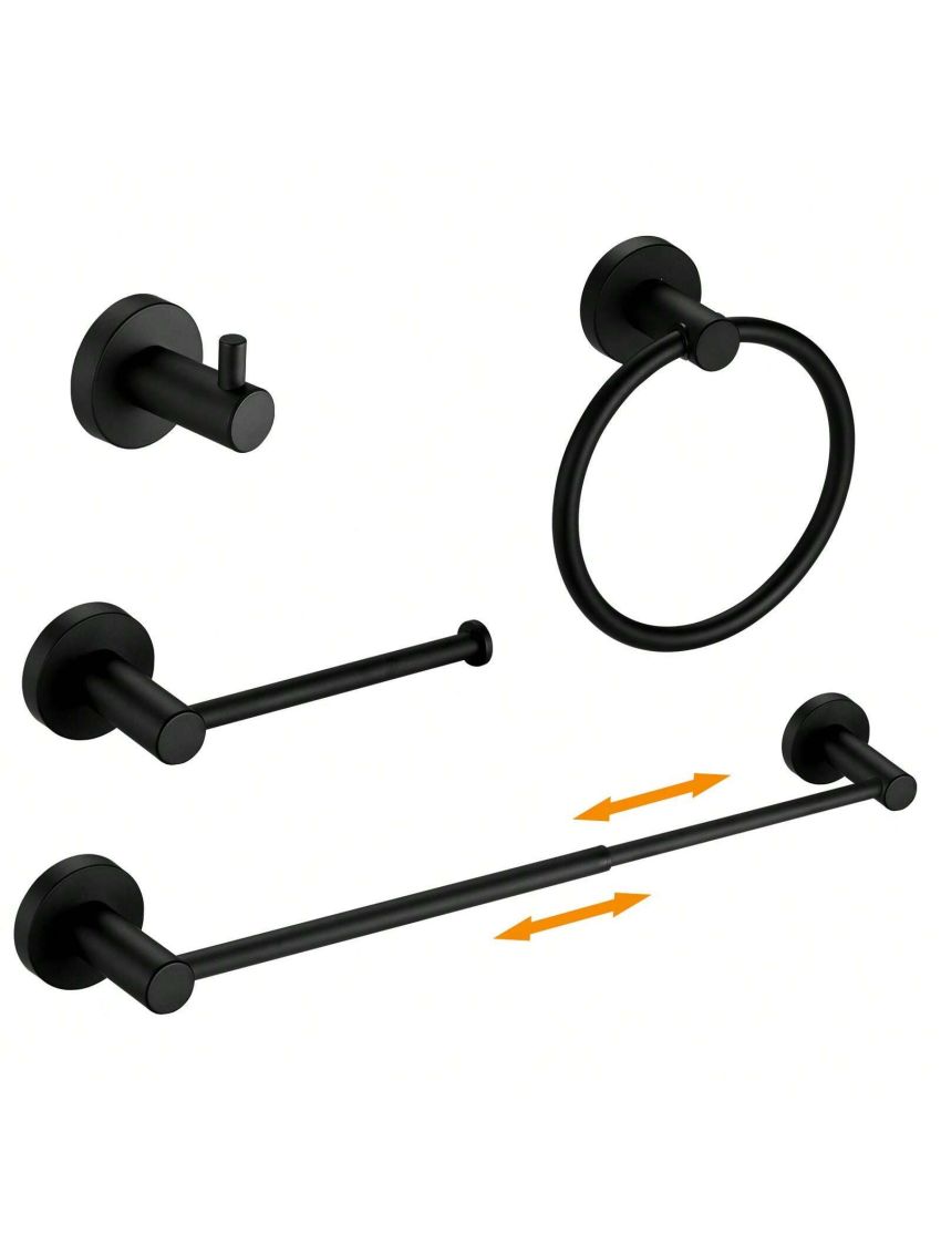 BESy 4pcs/set Bathroom Accessories Set (Adjustable 16 to 26 Inch Towel Bar, Towel Ring, Toilet Paper Holder,Towel Hook), Wall Mounted Bath Hardware Accessory Fixtures Set,Stainless Steel