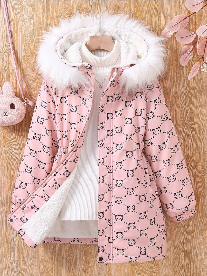 SHEIN Kids KDOMO Girls' Pink Fleece Teddy Coat With Oversized Collar