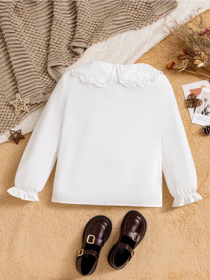 Tween Girls' Peter Pan Collar Shirt With Eyelet Embroidery And Bell Sleeves