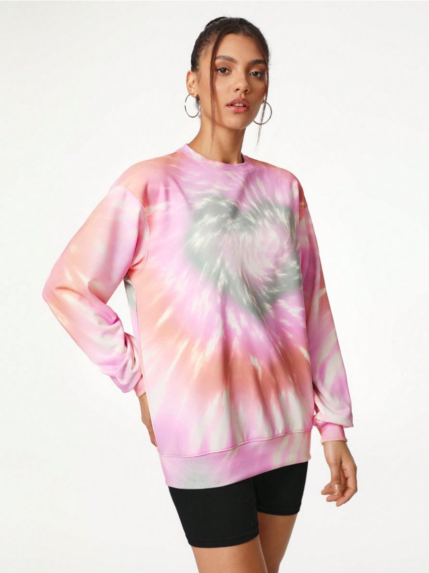 Carola Prints Loose Fit Tie-Dye Heart Printed Sweatshirt With Crew Neck
