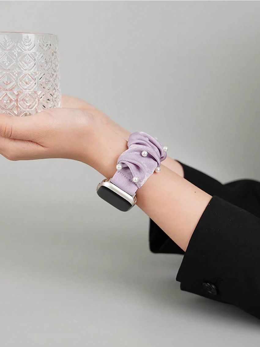 1pc Light Purple Faux Pearl Ruched Hairband Watch Band Compatible With Apple Watch 38/40/42/44/45/48/50mm, Suitable For Ultra/se/8/7/6/5/4/3/2/1