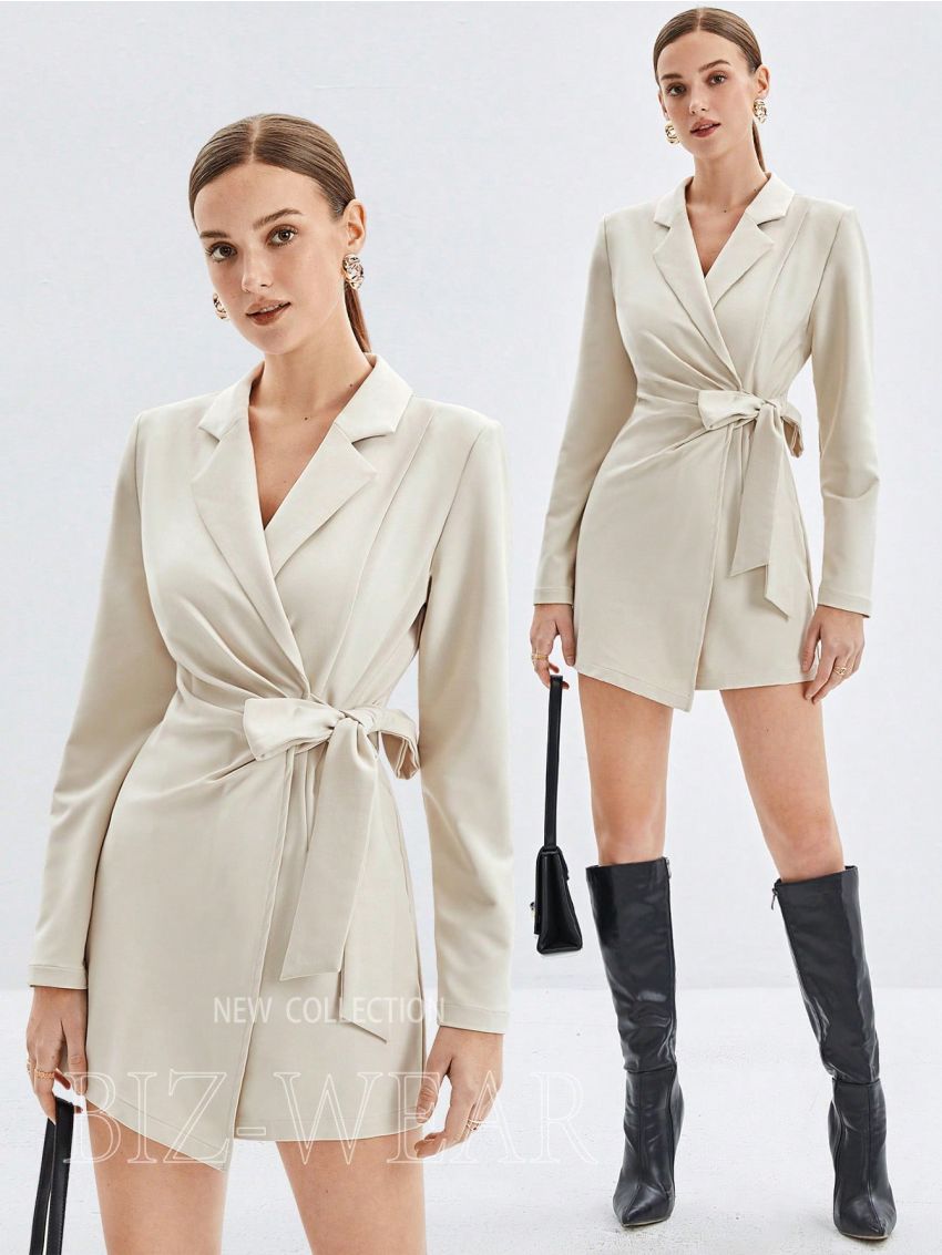 SHEIN BIZwear Ladies' Solid Color Lapel Wrap Tie Waist Jumpsuit