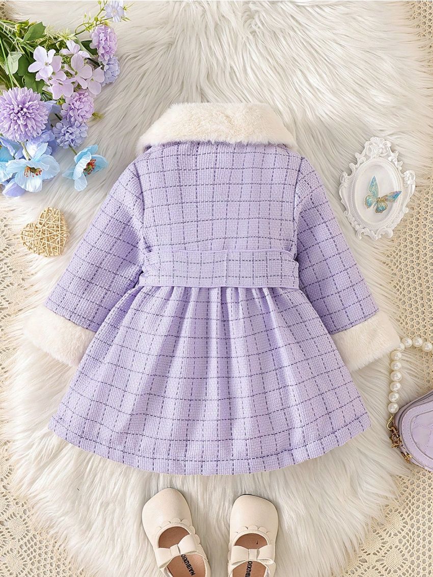 Infant Girls' Purple Plaid Coat With Bow And Collar, Party Outfits For Autumn/winter