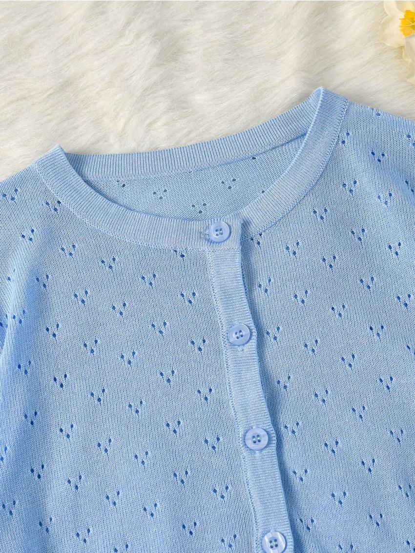 Spring/Summer Tween Girl Solid Color Knitted Cardigan With Dots Pattern