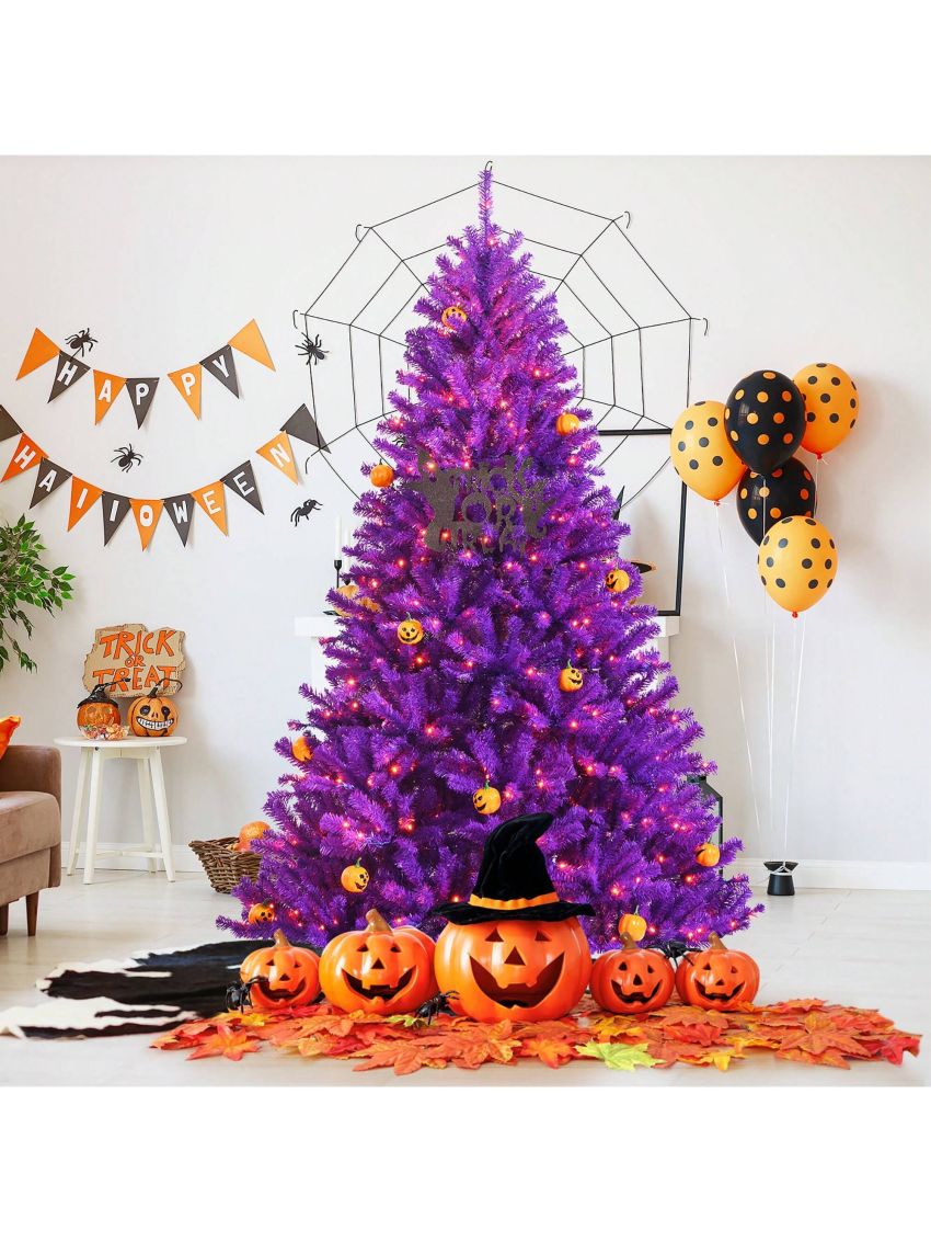 Costway 7ft Pre-lit Purple Halloween Christmas Tree w/ Orange Lights Pumpkin Decorations