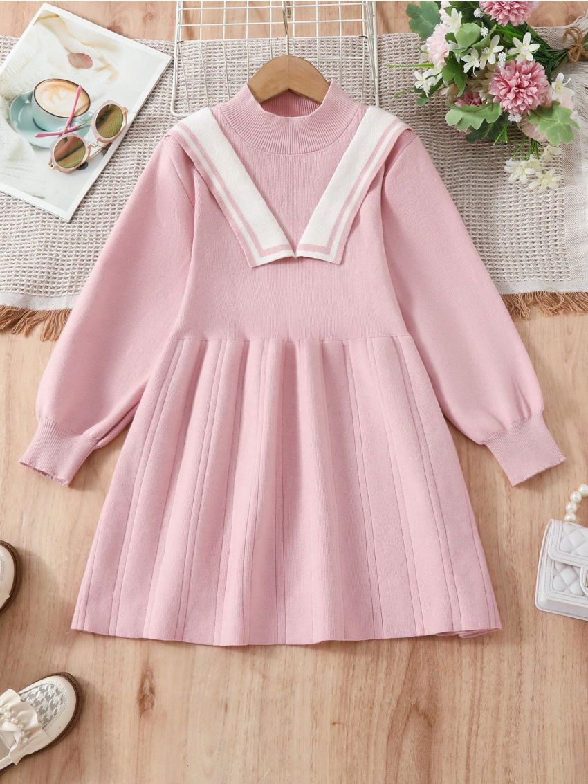 Tween Girls' Contrast Color Stand Collar Sweater Dress
