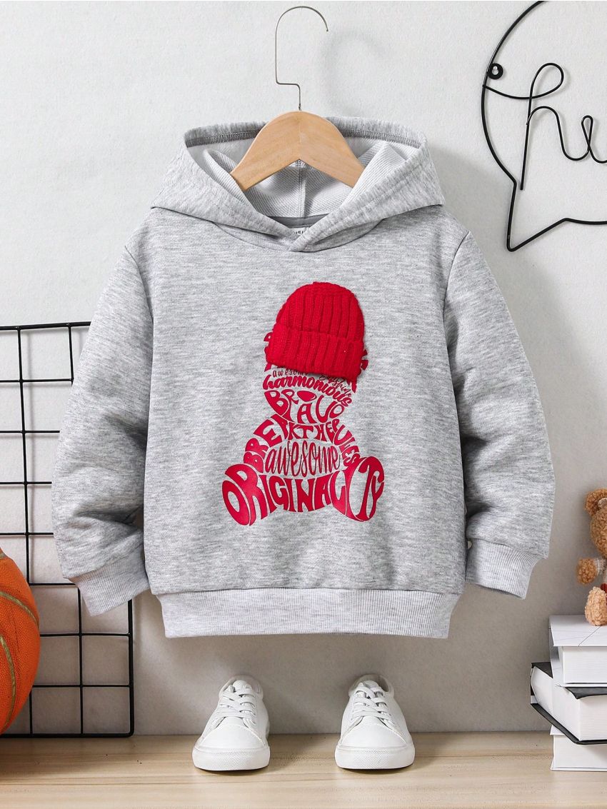 SHEIN Toddler Boys' Solid Color Hooded Sweatshirt With Bear Pattern, Casual
