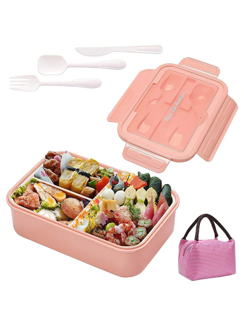 Bento Box for Adult, Lunch Box with 3 Compartments, Cutlery & Set of Knife and Fork, Large Dip Container, Cute Bento Box with Insulation Bag Optional, Phone Holder for Dining