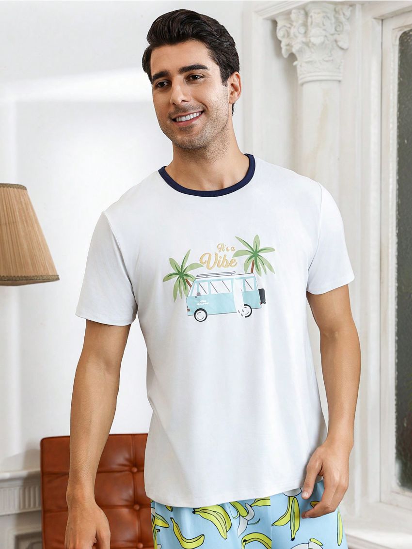 Men'S Short Sleeve Homewear Top With Car & Coconut Tree Print