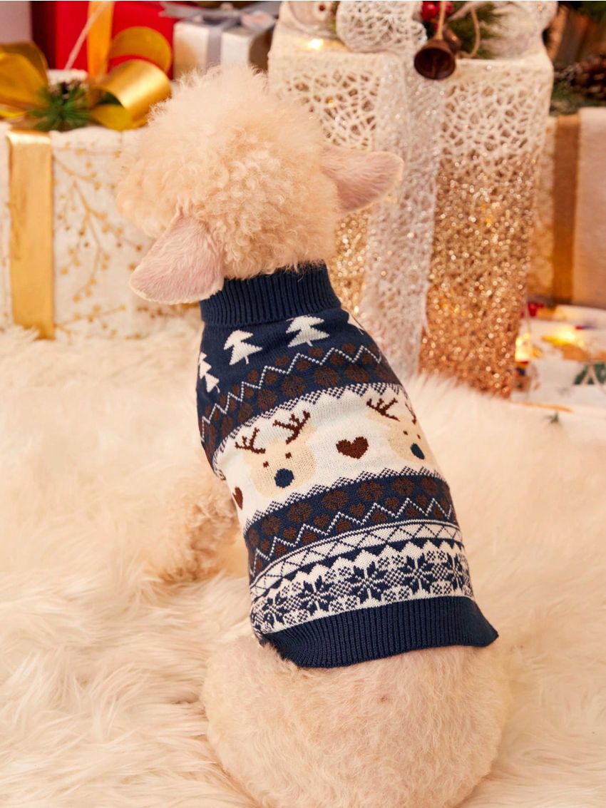 PETSIN Christmas Reindeer & Fair Isle Pattern Blue & White Pet Sweater