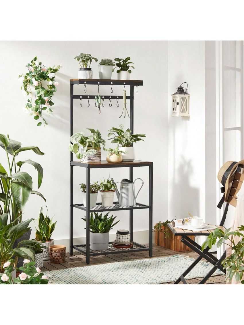 VASAGLE Kitchen Baker's Rack, Microwave Oven Stand with Storage Shelves, and 12 Hooks, Industrial, 15.7 x 23.6 x 59.6 Inches, Rustic Brown and Black