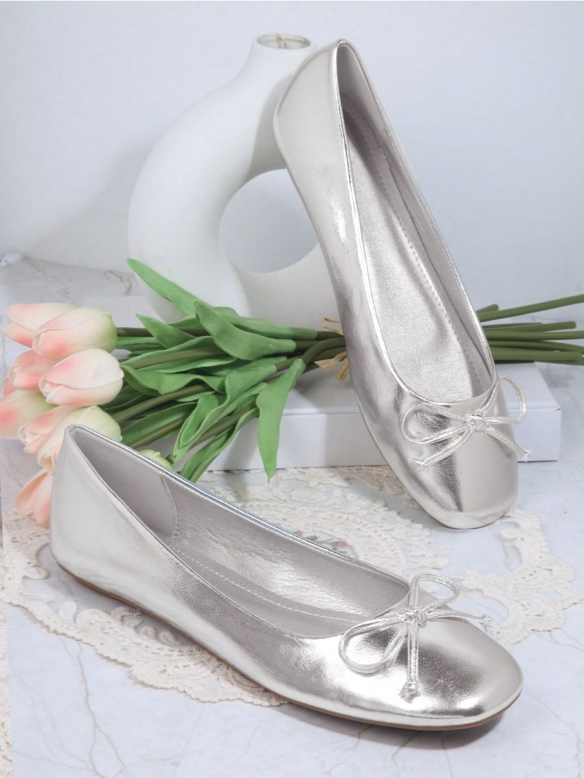 Metallic Bow Detail Ballet Flats