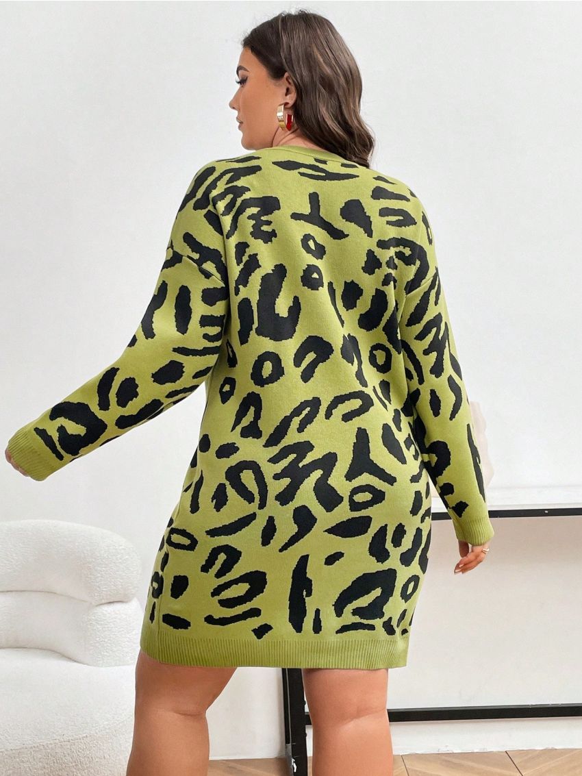 SHEIN Frenchy Plus Size Leopard Print Oversized Sweater Dress With Drop Shoulder