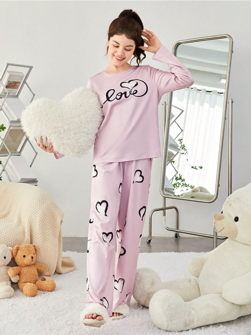 SHEIN Teenage Girls' Knitted Letter & Heart Pattern T-shirt And Long Pants Casual Home Outfit