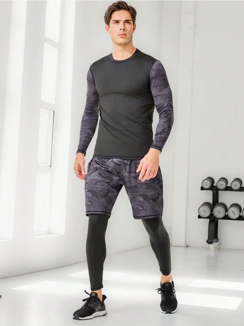 Men's Camouflage Print Long Sleeve T-Shirt, Shorts And Leggings Sports Set