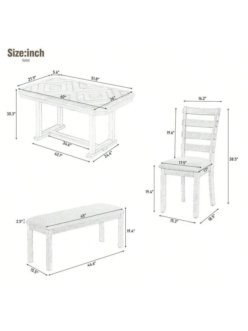 Nestfair Rubber Wood 6-Piece Dining Table Set with 4 Chairs and Bench