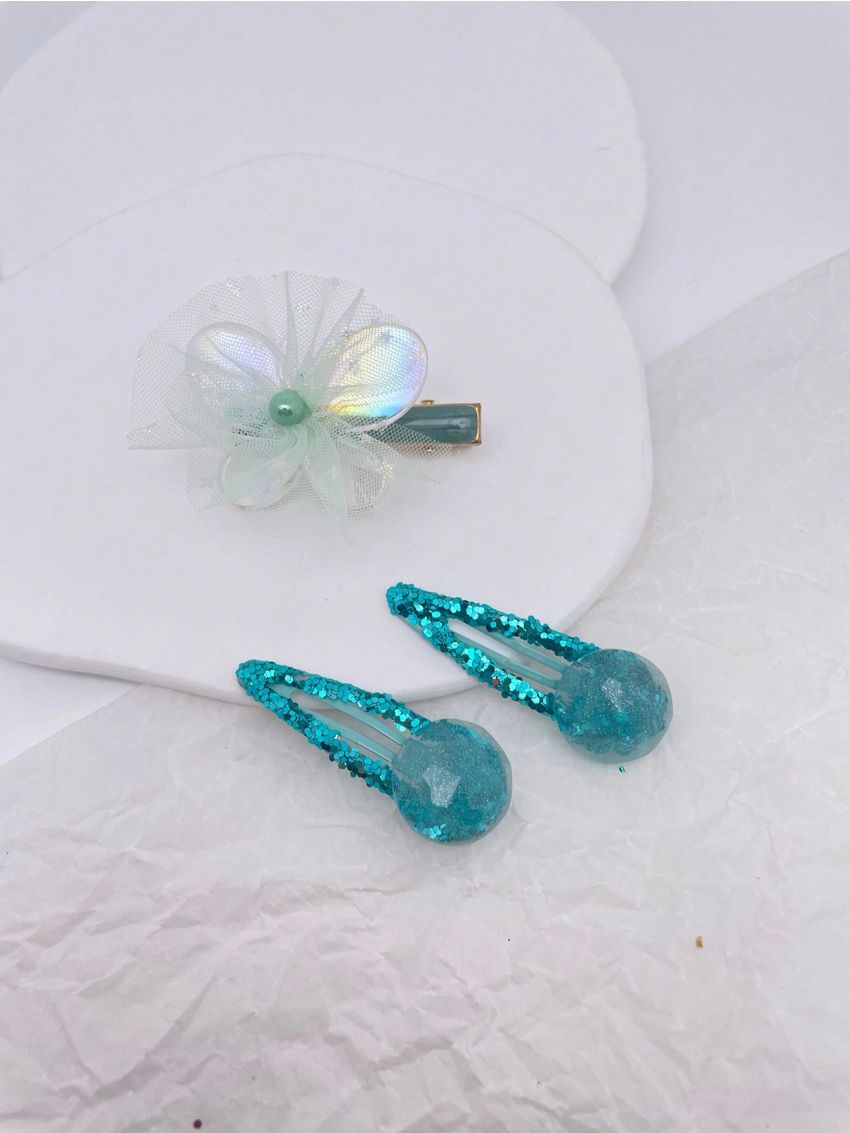 3pcs/set Shiny Hairclips & Mesh Butterfly Decor Hairclips, Suitable For Daily Outfits