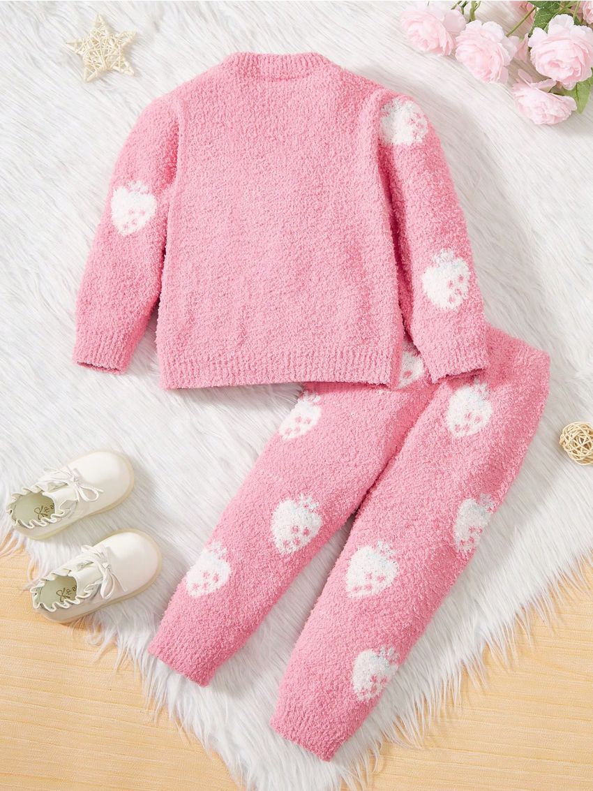 Baby Girls' Strawberry Pattern Round Neck Plush Sweater Set