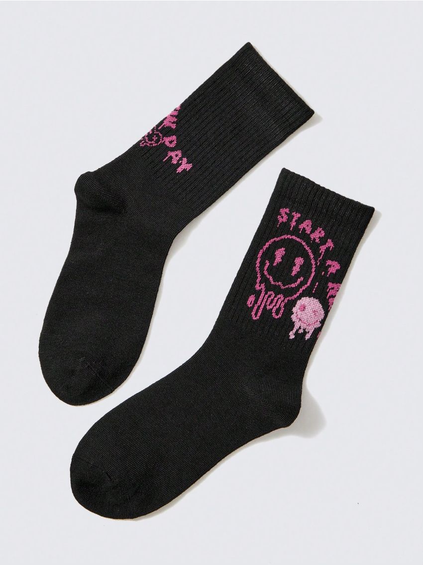 JNSQ 1pair Black & Pink Asymmetrical Face Mid-calf Socks