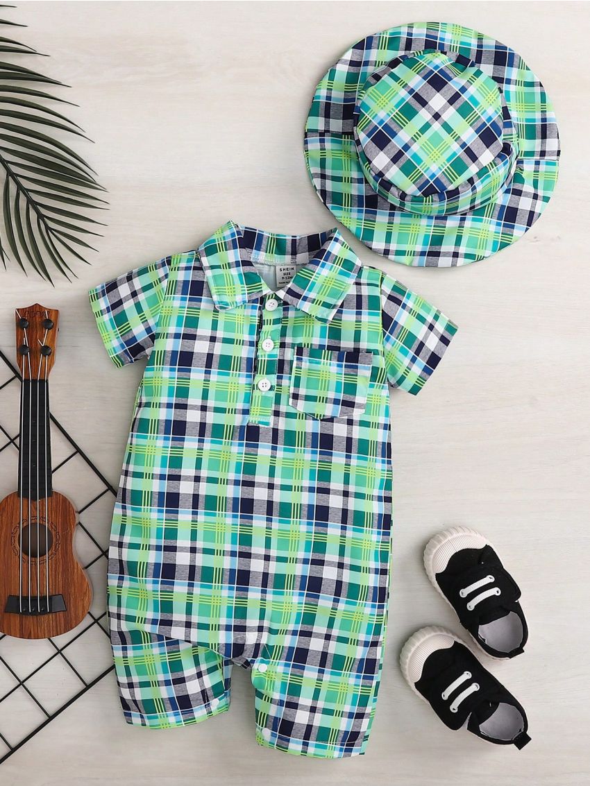 Baby Boy Casual Plaid Collared Short Sleeve Romper With Plaid Cap, Spring/Summer
