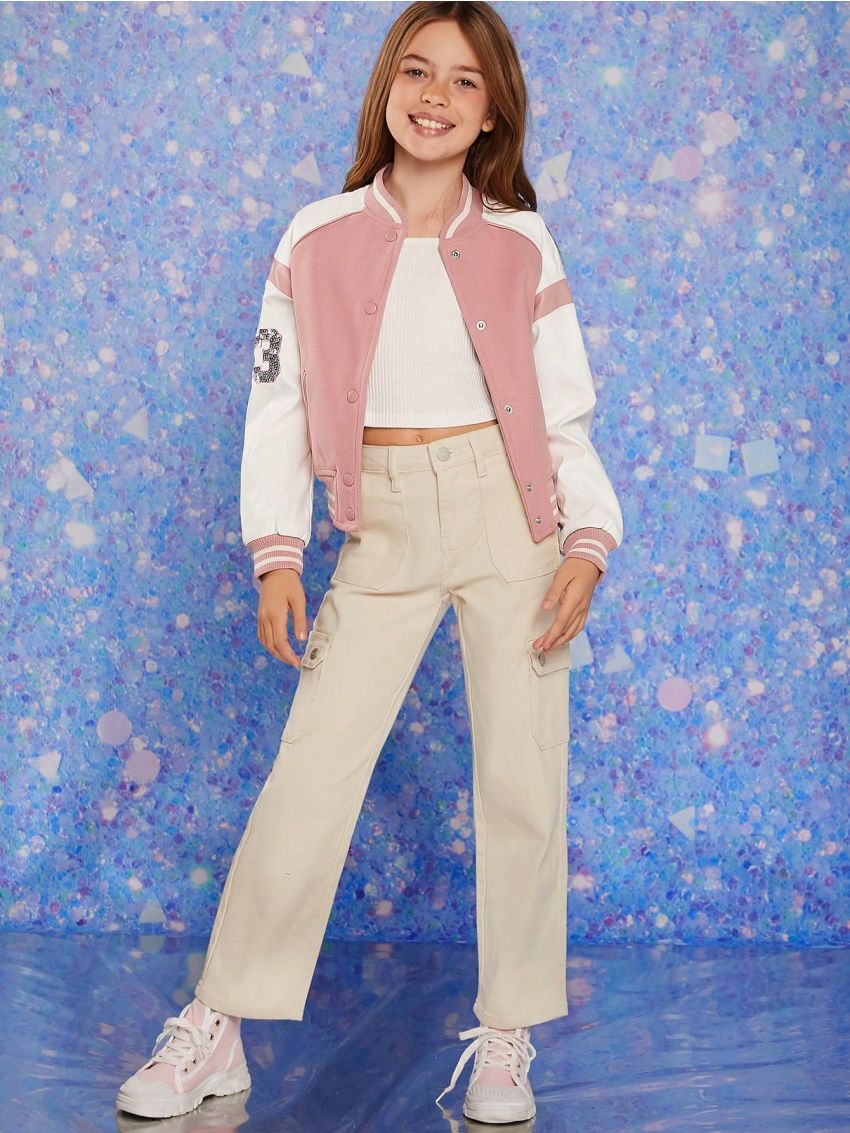 Girls' Sequined Number Embroidery Baseball Jacket