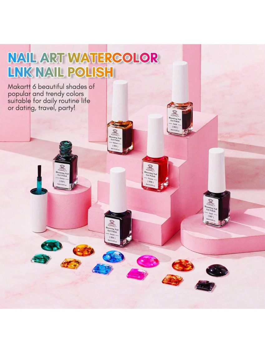 Makartt Marble Nail Polish, Blooming Gel Nail Polish Summer Color Changing Nail Polish Nail Ink Watercolor Blossom Gel Polish Magic Marble Nail Vanish Tinted Beauty 6ml 6 Colors