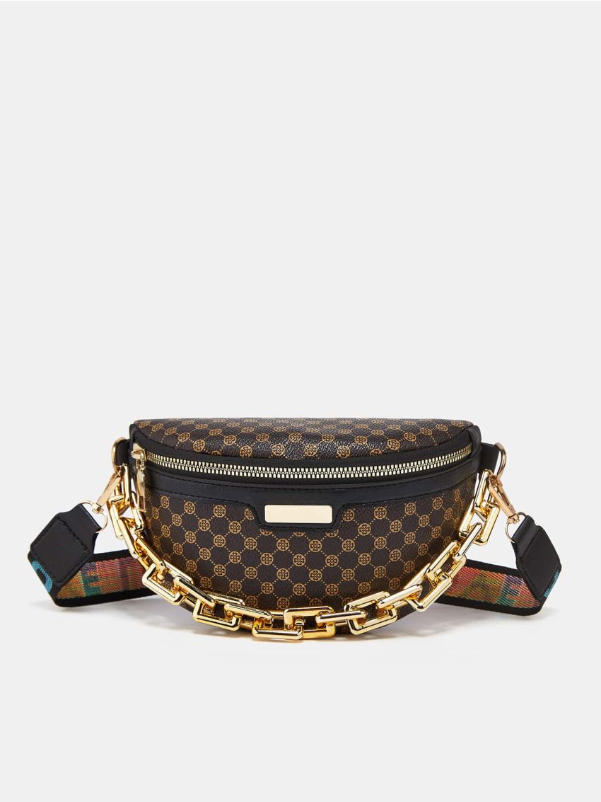 Geometric Pattern Chain Decor Waist Bag Geometric Print Fanny Pack, Trendy Chain Decor Chest Purse, Women's Wide Strap Crossbody Bag,