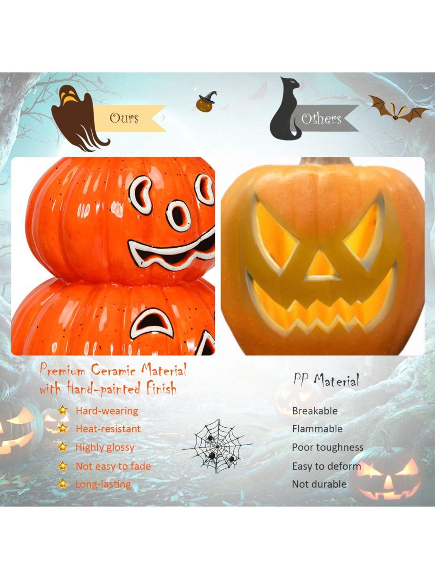 Costway Pre-Lit Halloween Pumpkin Lantern 3 Tiers Hand-Painted Ceramic Pumpkins