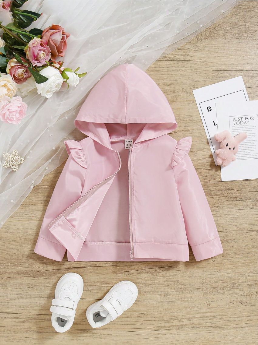 SHEIN Baby Girl Casual Pink Ruffle Trimmed Long-Sleeve Hooded Wind Jacket