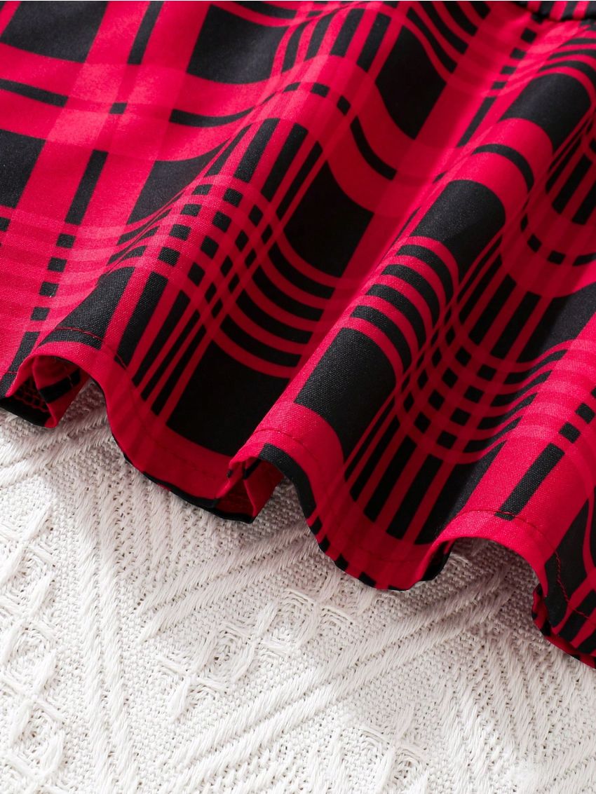 SHEIN Kids FANZEY Toddler Girls' Sweet Red Plaid Overall Skirt With Suspenders Perfect For Autumn