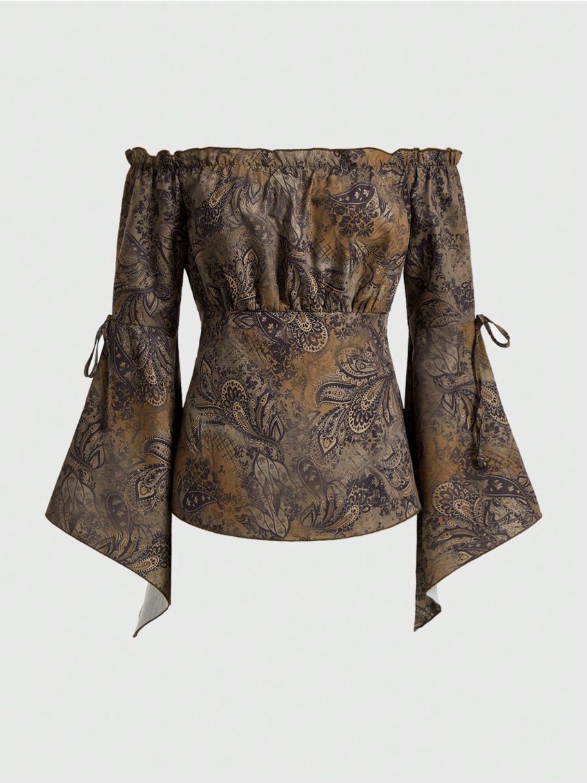 ROMWE Hippie Women's Off Shoulder Ruffle Sleeve Shirt With Cashew Floral Print