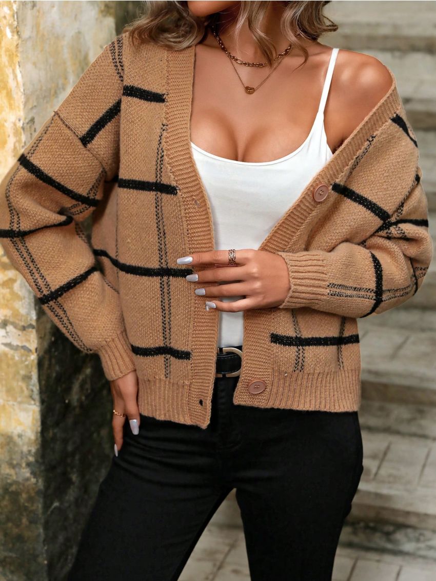 SHEIN LUNE Women's Contrast Check Cardigan