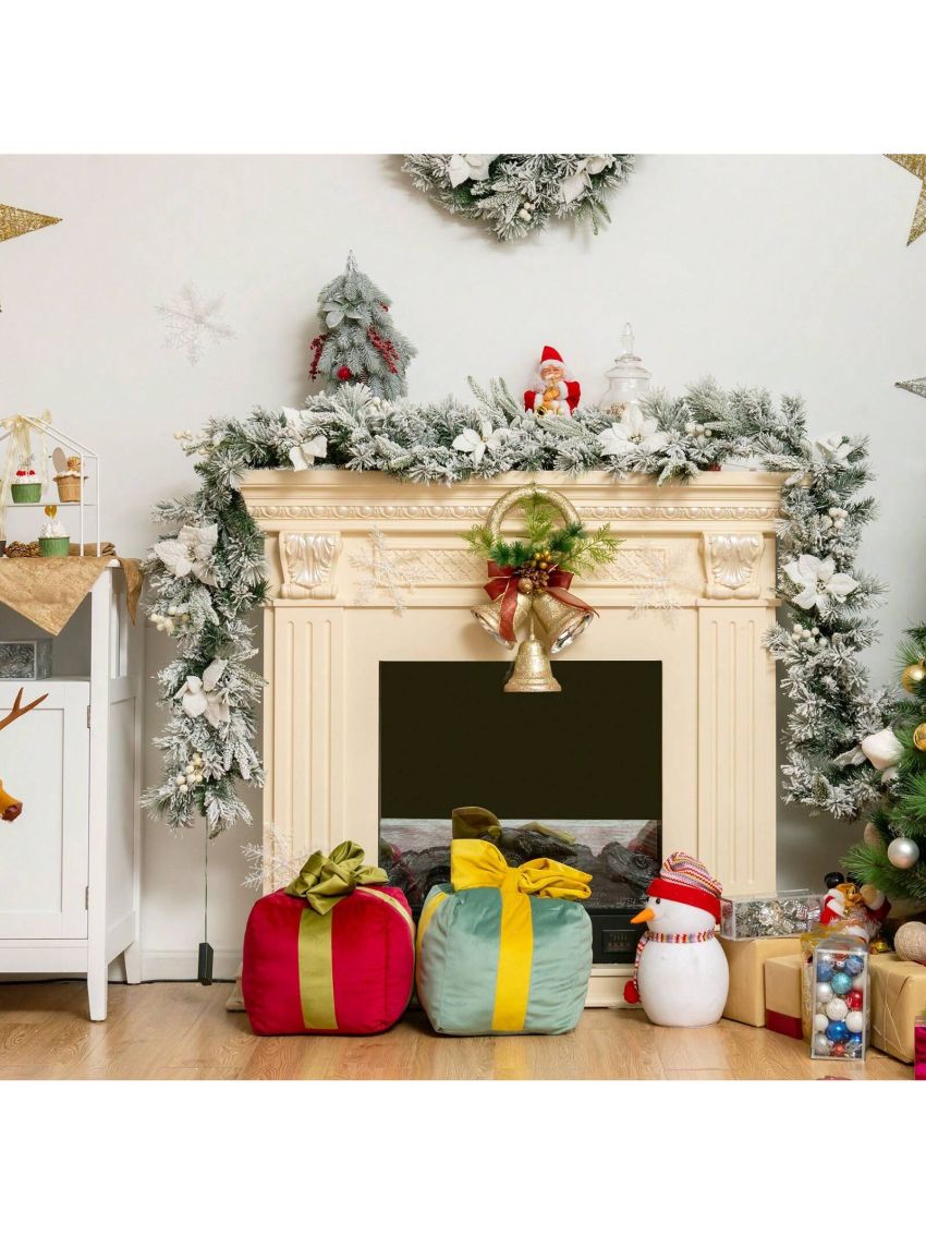 Costway 9ft Pre-lit Snowy Christmas Garland w/ Berries Poinsettia Flowers Timer