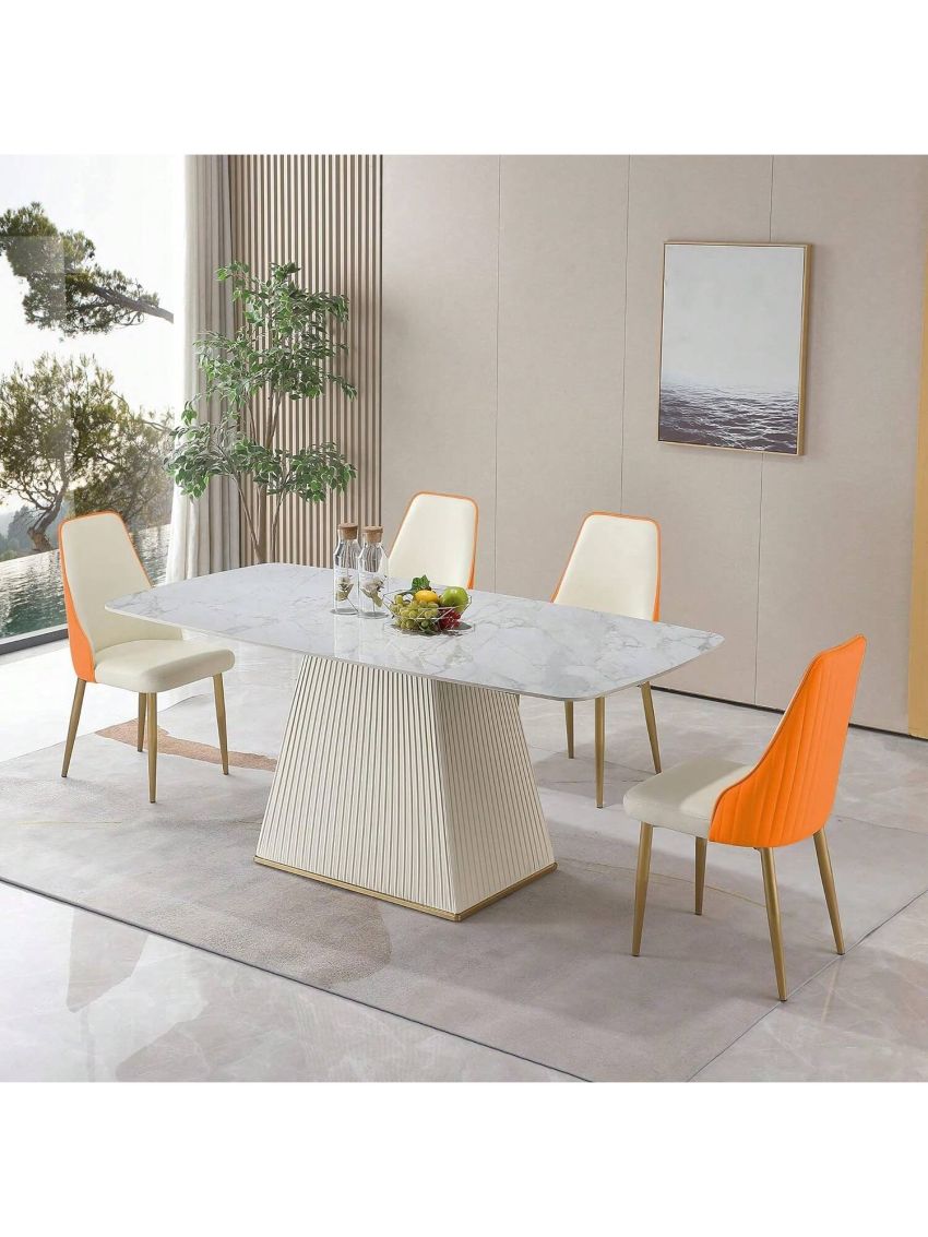 Montary 7 Piece Dining Room Set, Modern Dining Table and Chairs Set, Sintered Stone Dining Table Set for 6, White Marble Dining Table with 6 Orange Chairs for Kitchen, Dining Room