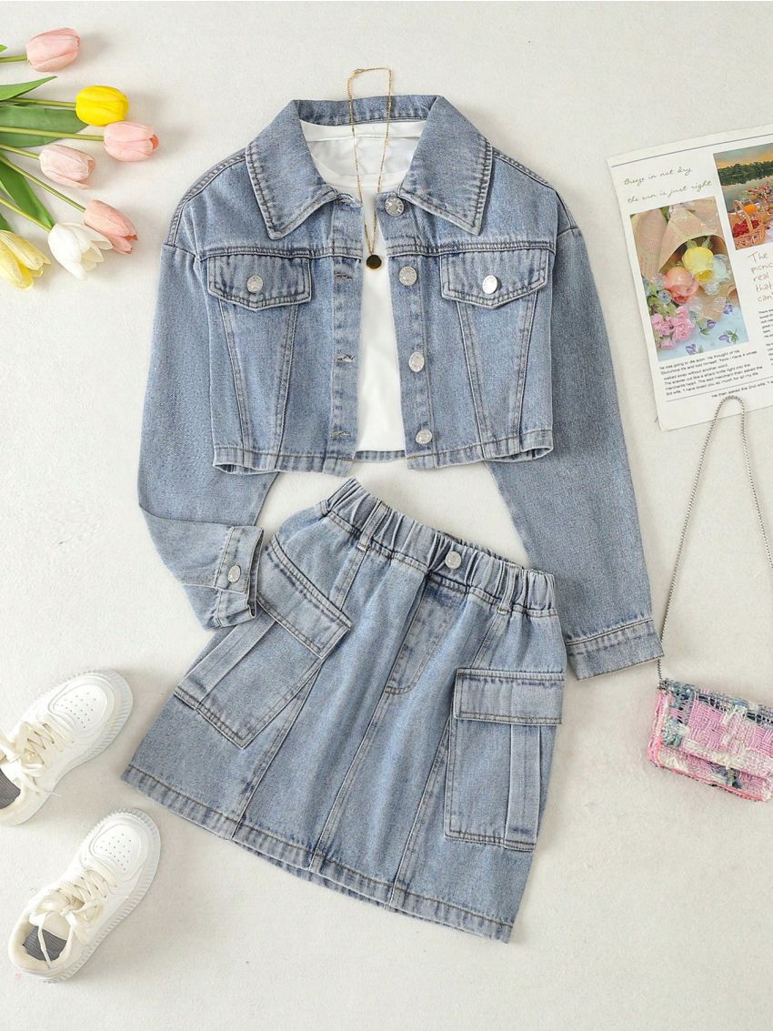 Girls' Softened Water Washed Simple Denim Skirt Suit With Workwear Style