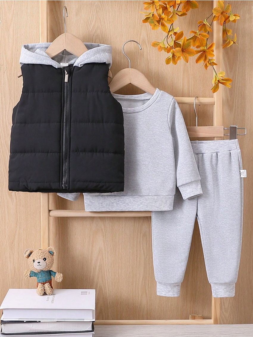 Baby Boys' Solid Color Hooded Vest Infant Sweatshirt & Sweatpants Outfit, Winter