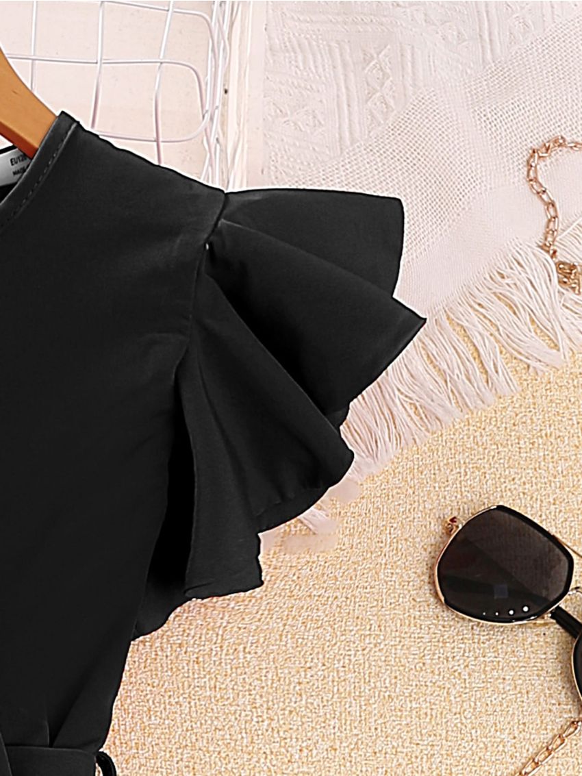 SHEIN Kids FANZEY Girls Butterfly Sleeve Belted Romper