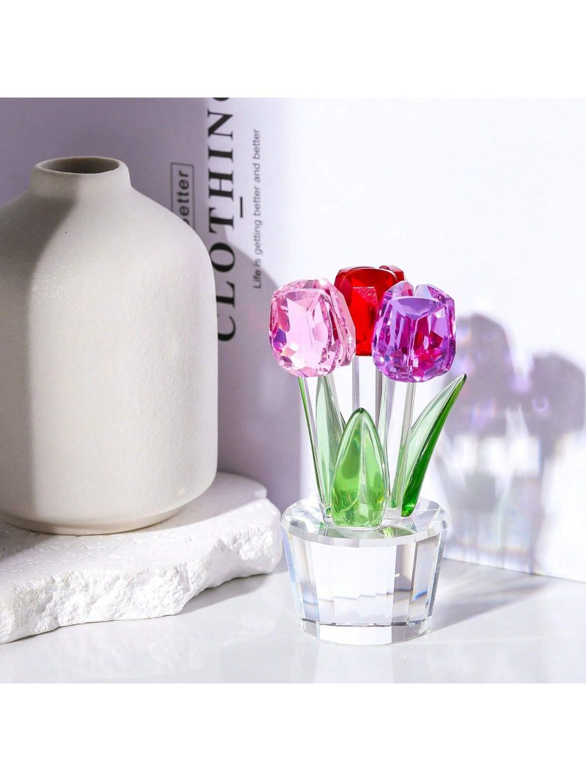 Tulips Glass Flowers Figurines Crystal Decor Collectibles Crystal Colorful Flowers Bouquet Ornaments Tulip Gifts for Women on Anniversary Wedding Christmas Valentines Mothers Day