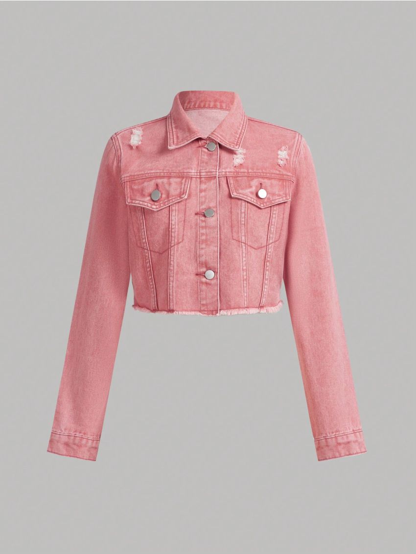 Teen Girl Ripped Raw Hem Denim Jacket