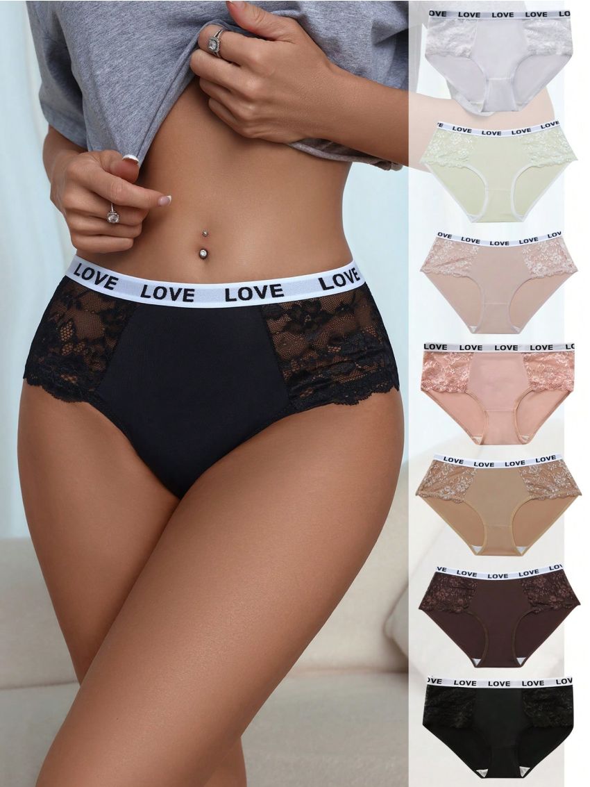 SHEIN Women's Letter Printed Elastic Band Lace Splice Triangle Panties
