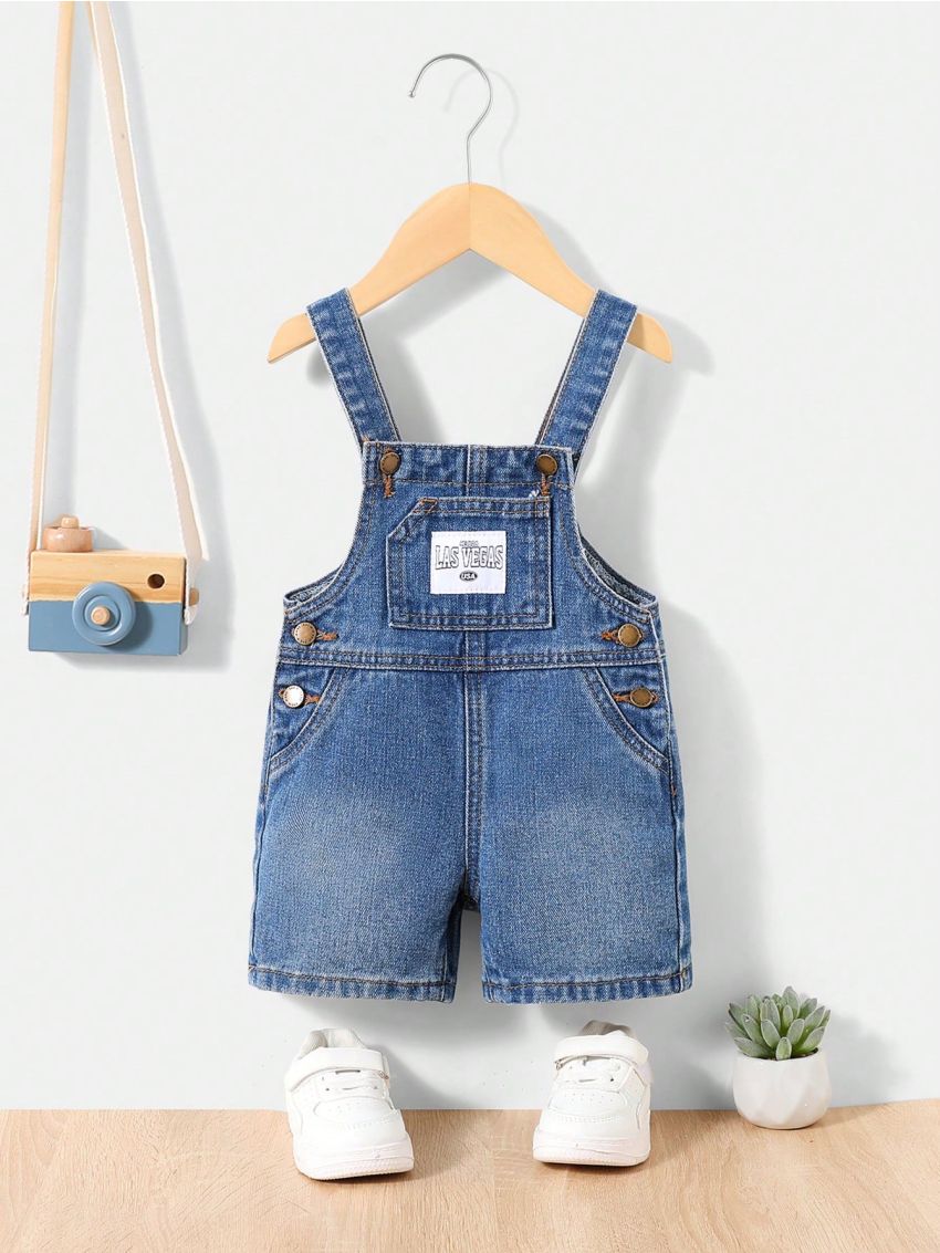 SHEIN Baby Boy's Fashionable Denim Jumpsuit With Washed Design