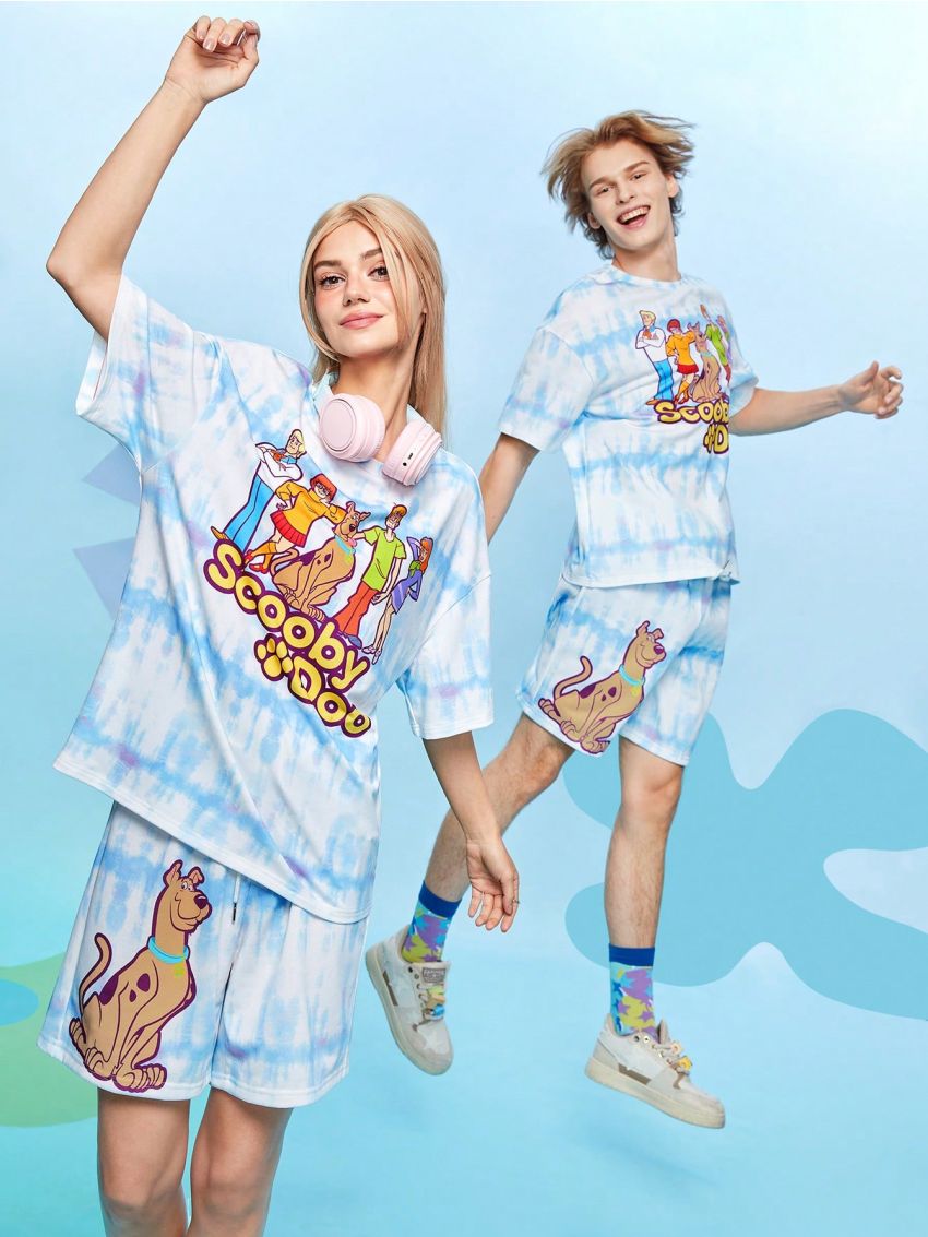 SCOOBY-DOO X SHEIN 1pc Cartoon Printed Short Sleeve T-Shirt And 1pc Shorts