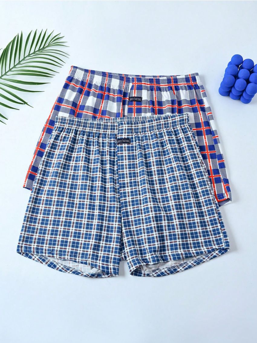 2pcs/Set Men'S Loose Fit High-Waisted Plaid Boxer Shorts