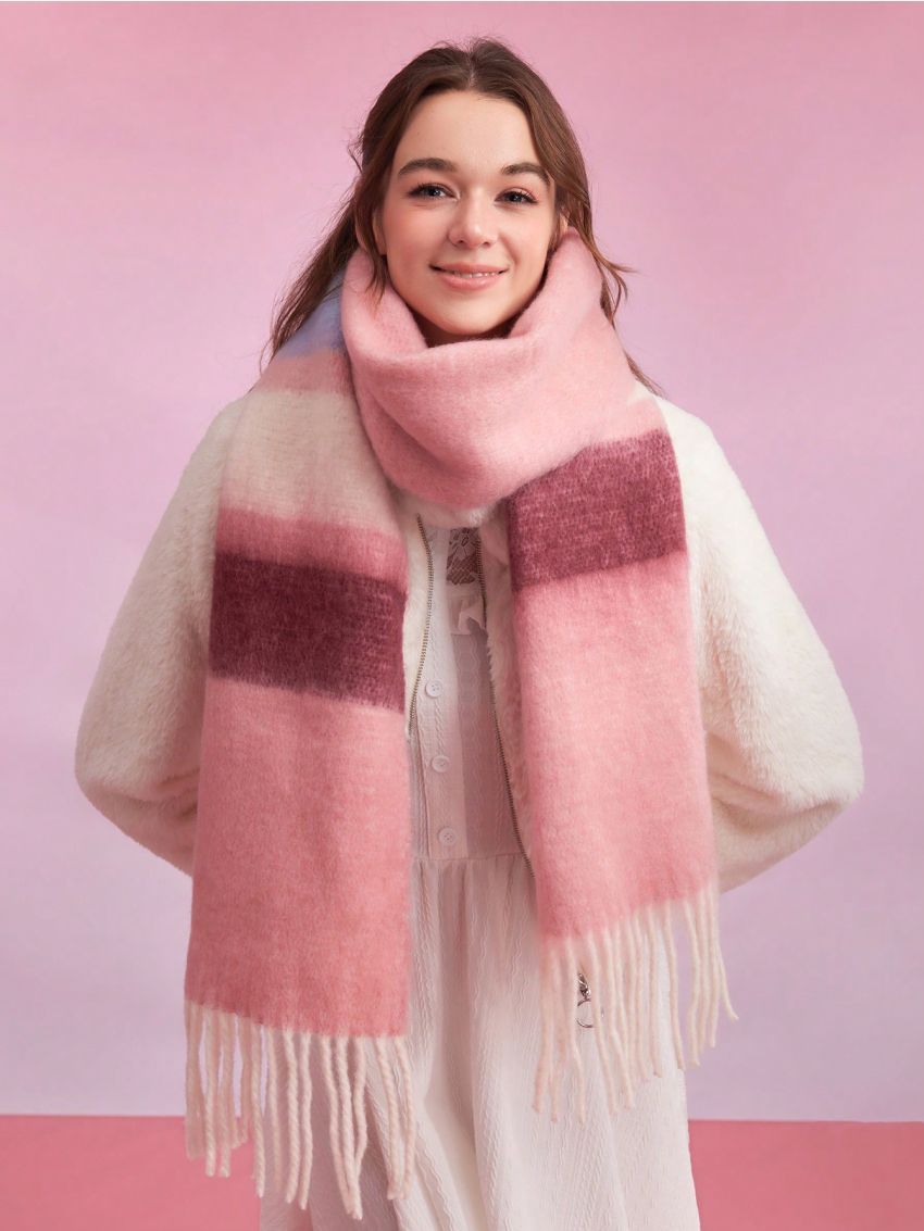 SHEIN MOD 1pc Gradient Pink Fringe Hem Detail Scarf