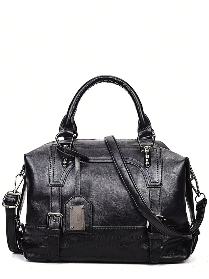 Vintage Boston Handbag, Large Capacity Crossbody Bag, Women's Faux Leather Shoulder Bag